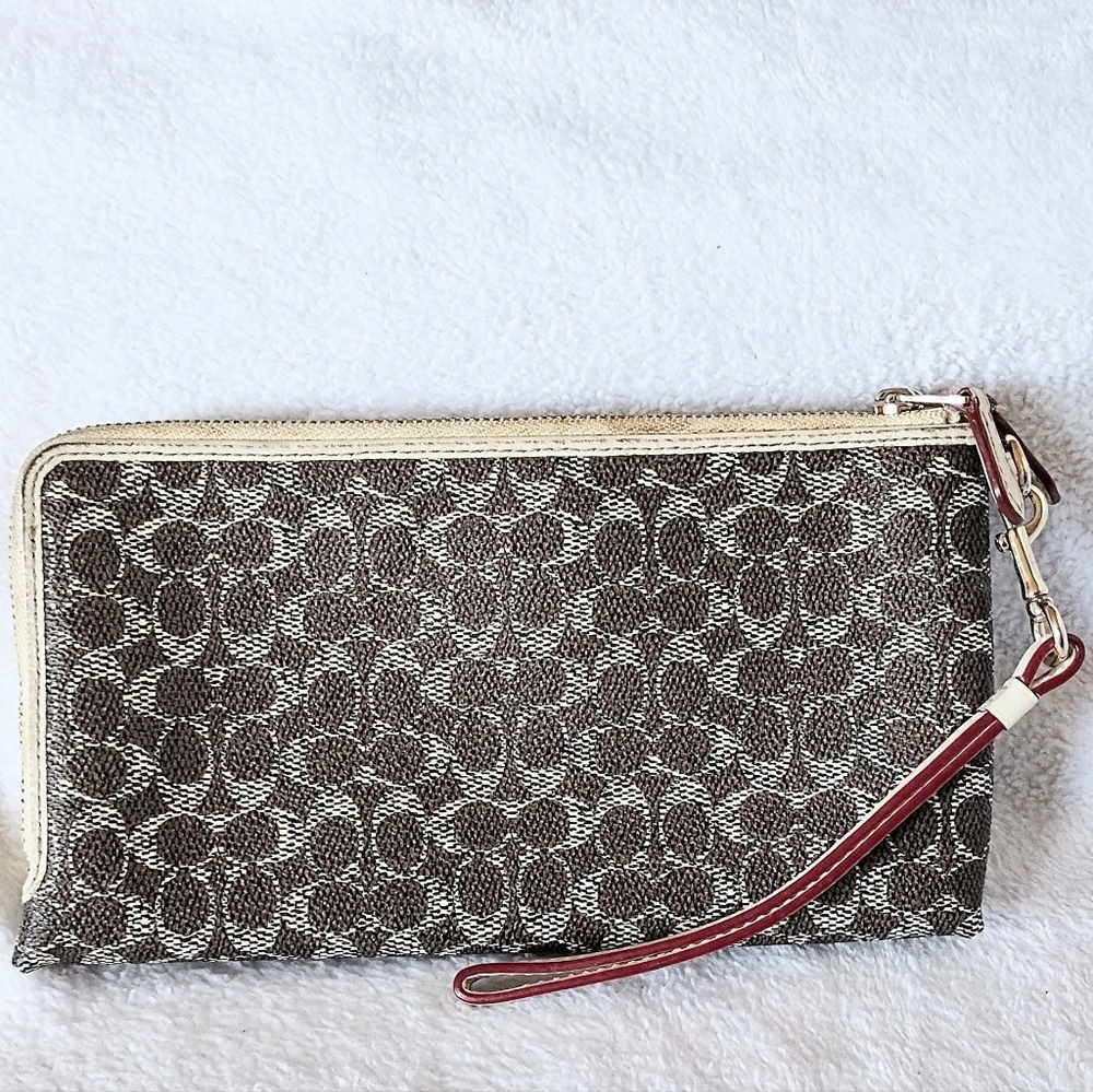 👜 Coach Saddle Apricot Signature Double Corner Zip Wristlet Wallet Clutch - Picture 5 of 9